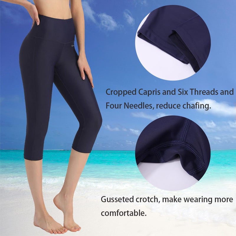 Ubestyle UPF 50+ High Rise Swim Pants for Women Swim Capris Legging Swim Tights Rash Guard Pants Sun Protective Navy - Image 4